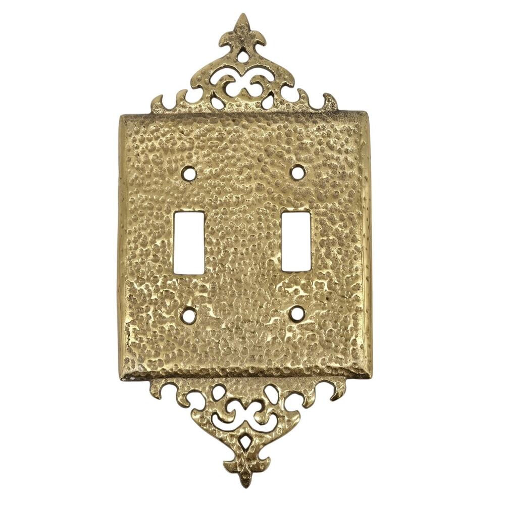 Mid Century Ornate Hammered Solid Brass Double Toggle Light Switch Plate Regency